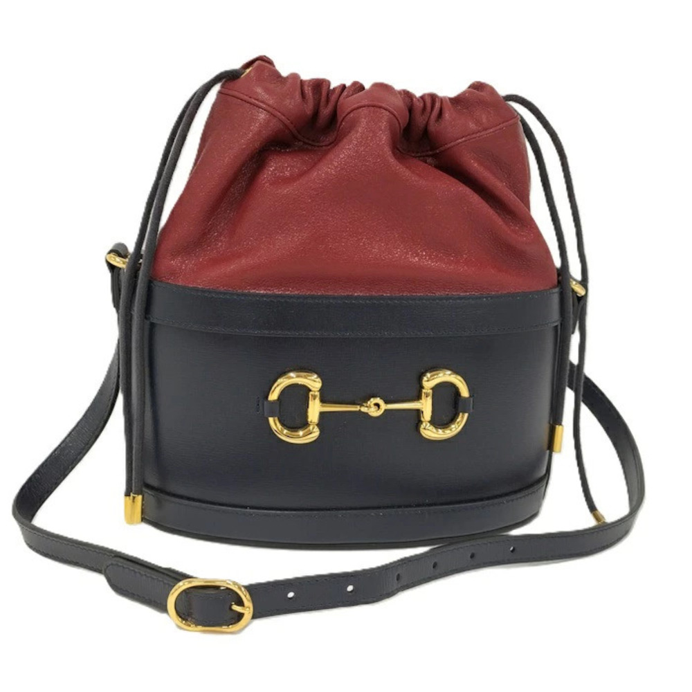 Gucci Horsebit Drawstring Shoulder Bag Leather Red Navy Blue - Picture 1 of 10